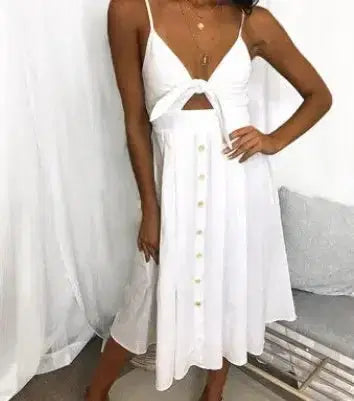 White button-front midi dress with front tie detail, perfect for summer outfits