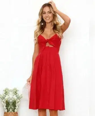 Red cutout midi dress with sweetheart neckline, perfect for summer parties or casual outings.