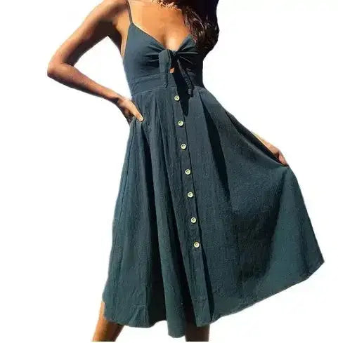 Teal button-front midi dress with front tie and flared skirt, perfect for summer outings