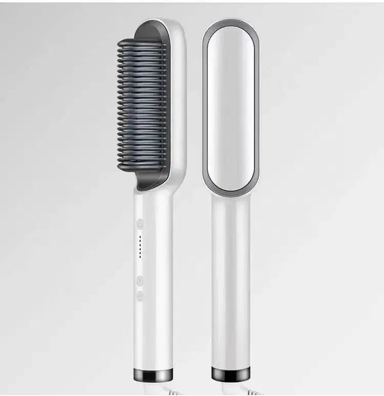 White cordless hair straightener brush with ionic styling and temperature controls