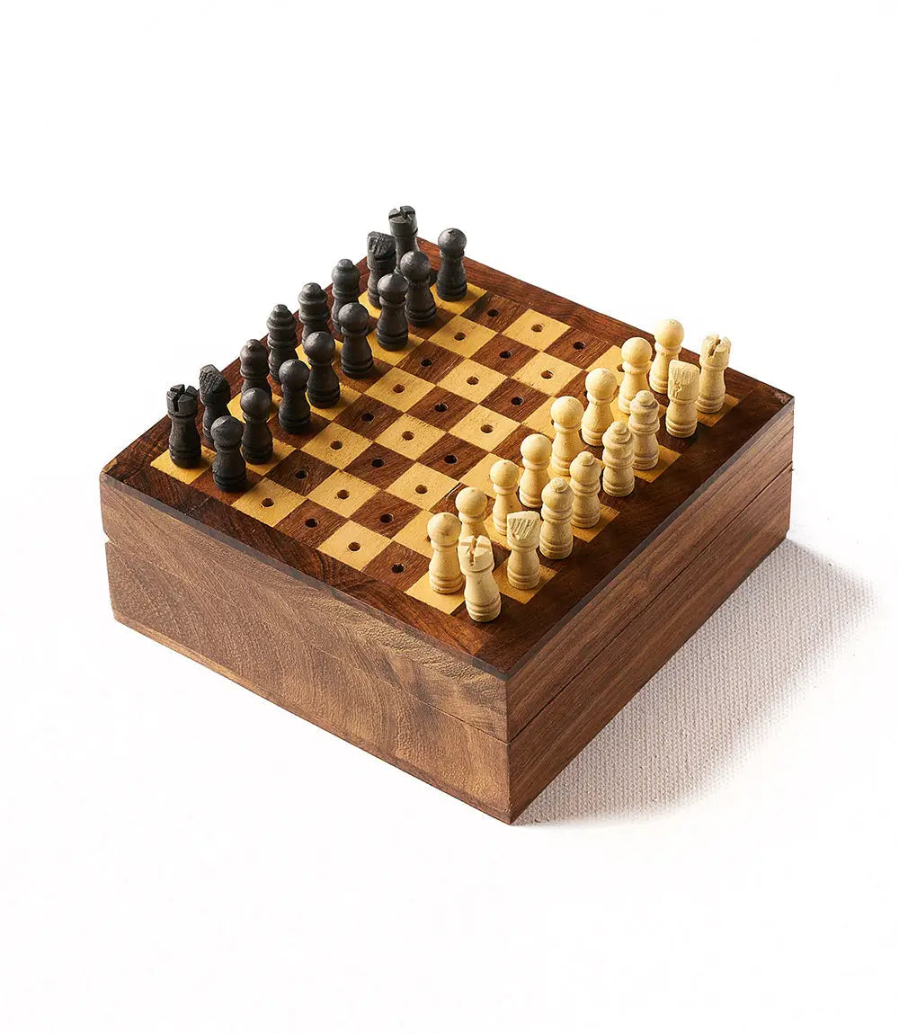 Travel Chess Game -  Handcrafted Wood Pegs Sangria Cornelian