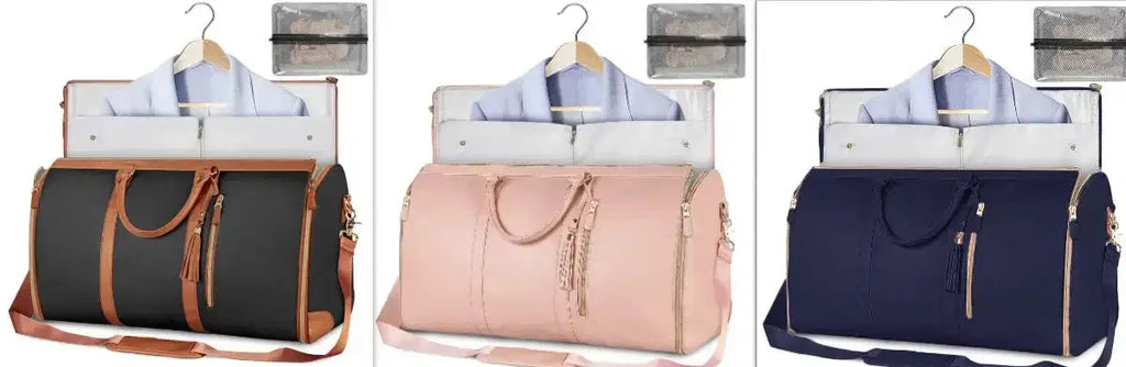 Travel duffel bags with hanging garment compartment in black, pink, navy blue