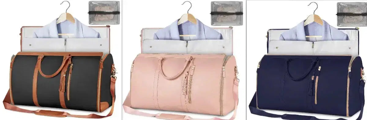 Travel duffel bags with hanging garment compartment in black, pink, navy blue