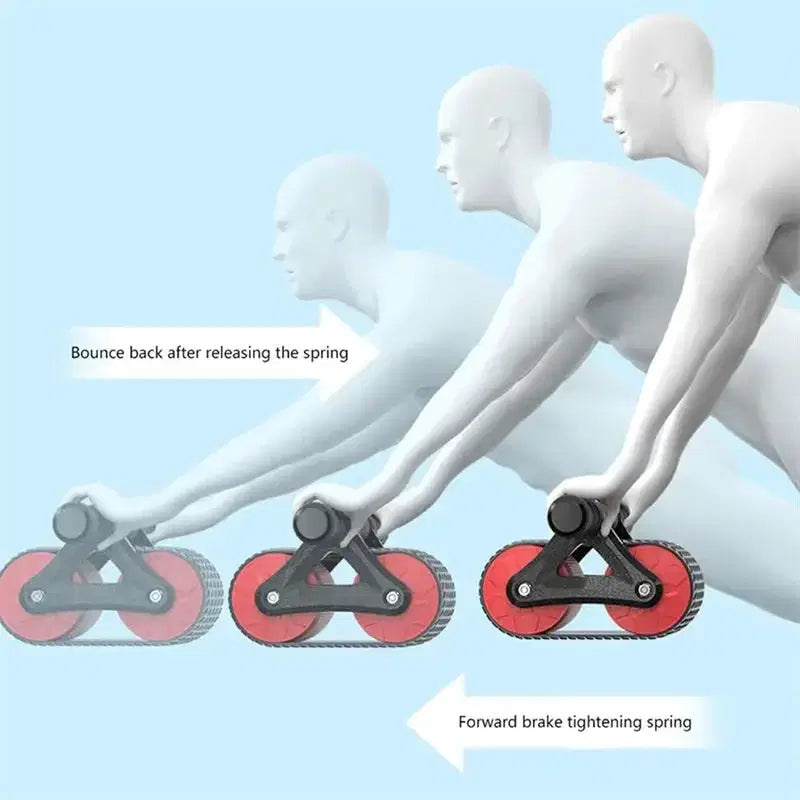 Ab roller with spring mechanism for core workouts, showing forward brake and bounce back motion
