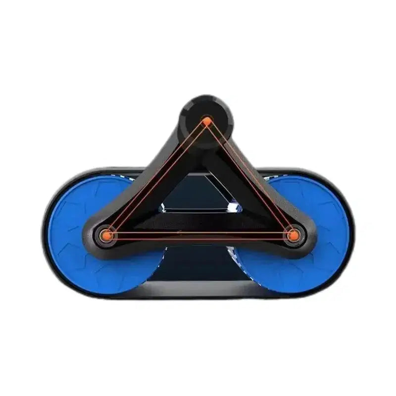 Blue and black triangular robotic device with orange accents on white background
