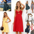 Women's stylish button-front dresses in red, yellow, blue, white, and pink for casual summer wear