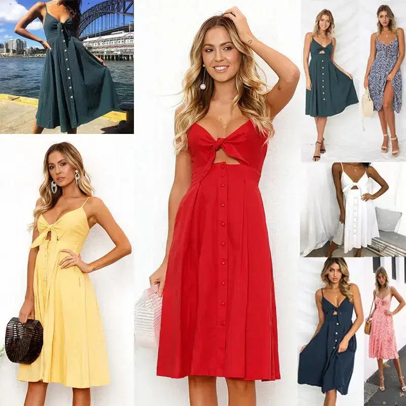 Women's stylish button-front dresses in red, yellow, blue, white, and pink for casual summer wear