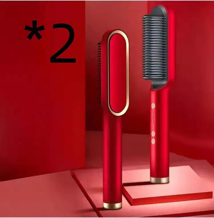 Red 2-in-1 hair straightener brush with gold accents, dual-sided styling tool for smooth hair