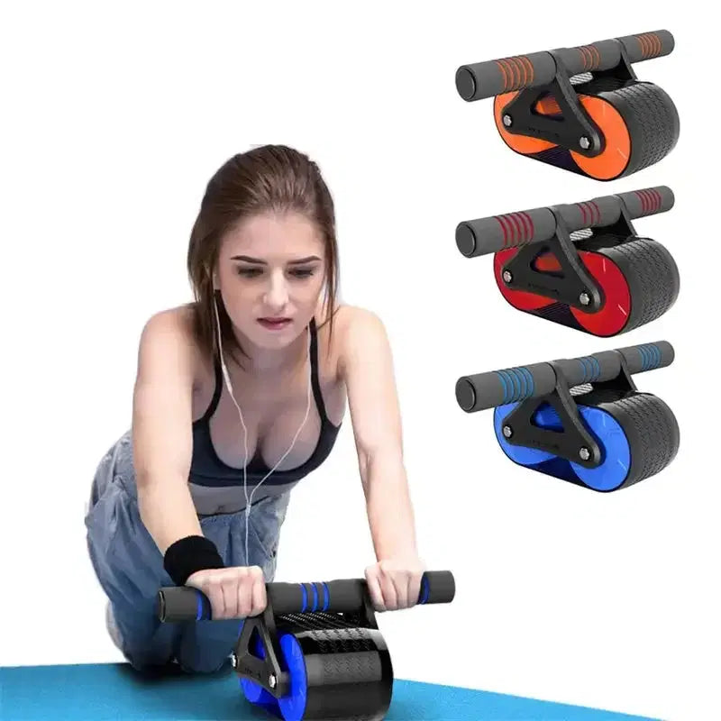 Woman using blue ab roller wheel for core workout, with orange, red, and blue variants shown