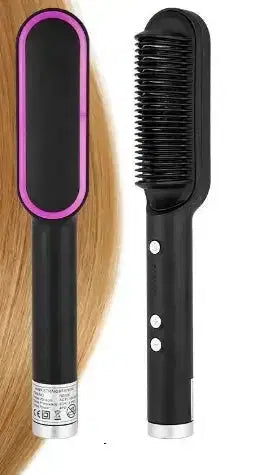 Black hair straightener brush with purple accent, cordless design for sleek styling