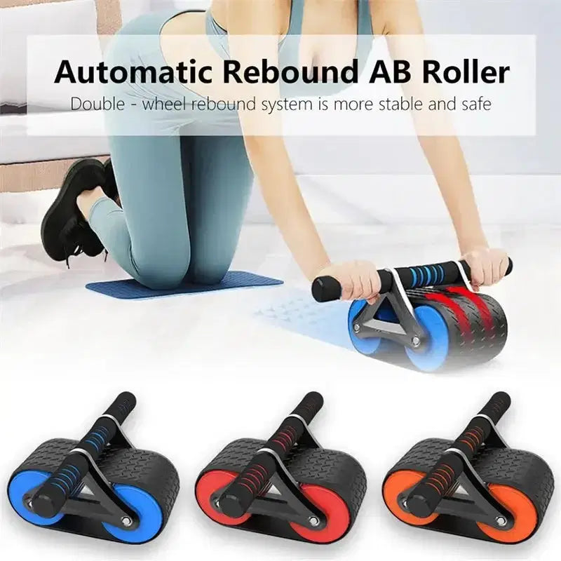 Automatic rebound AB roller with double wheels for core workouts, shown in blue, red, and orange
