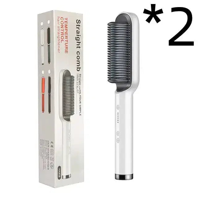 White electric straightening comb with temperature control, shown with packaging and *2 indicator