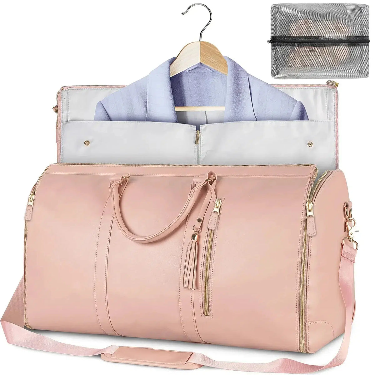 Pink duffel bag with hanging garment compartment and mesh pouch, ideal for travel or gym