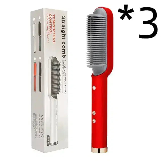 Red electric straightening comb with temperature control, shown with packaging for hair styling