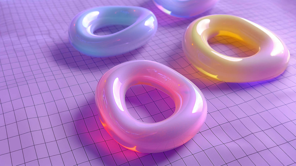 Glossy pastel donut rings on purple grid background, vibrant neon colors, modern 3D design