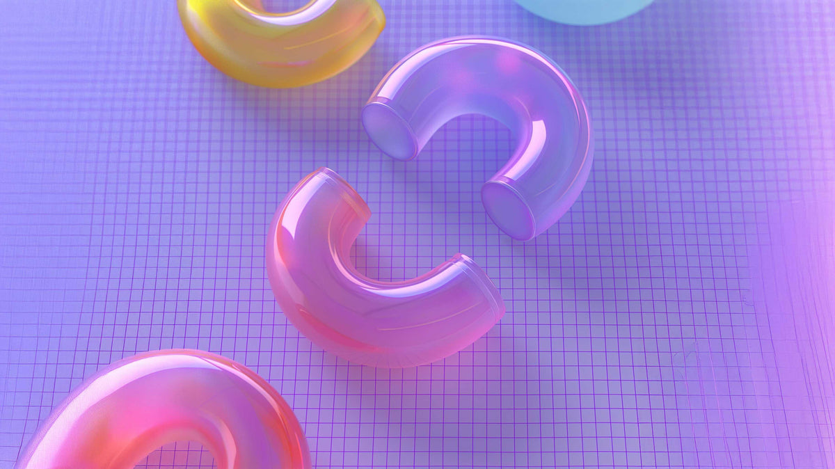 Glossy pastel C-shaped objects on purple grid background, modern abstract design