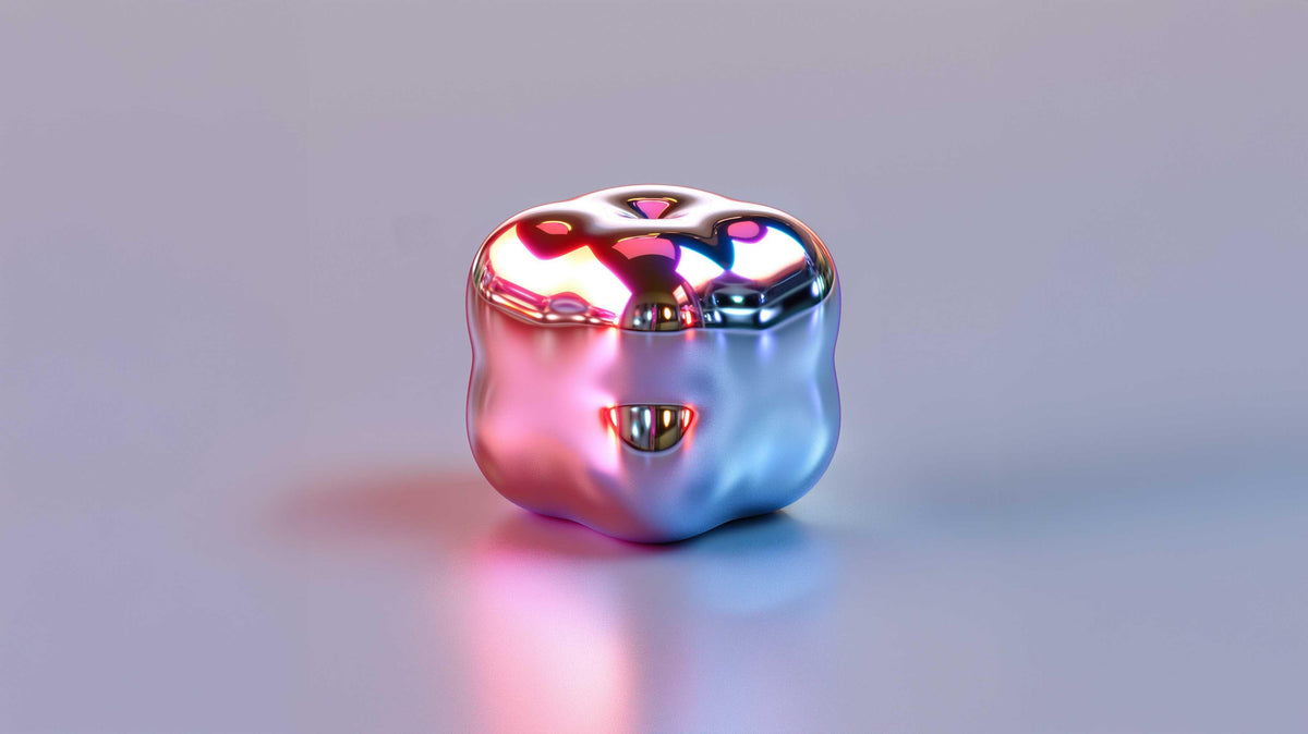 Glossy metallic abstract sculpture with iridescent pink and blue reflections on smooth surface